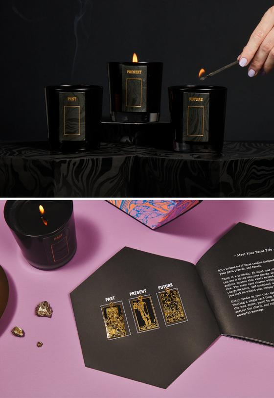 tarot trio candles past present and future and booklet with charms